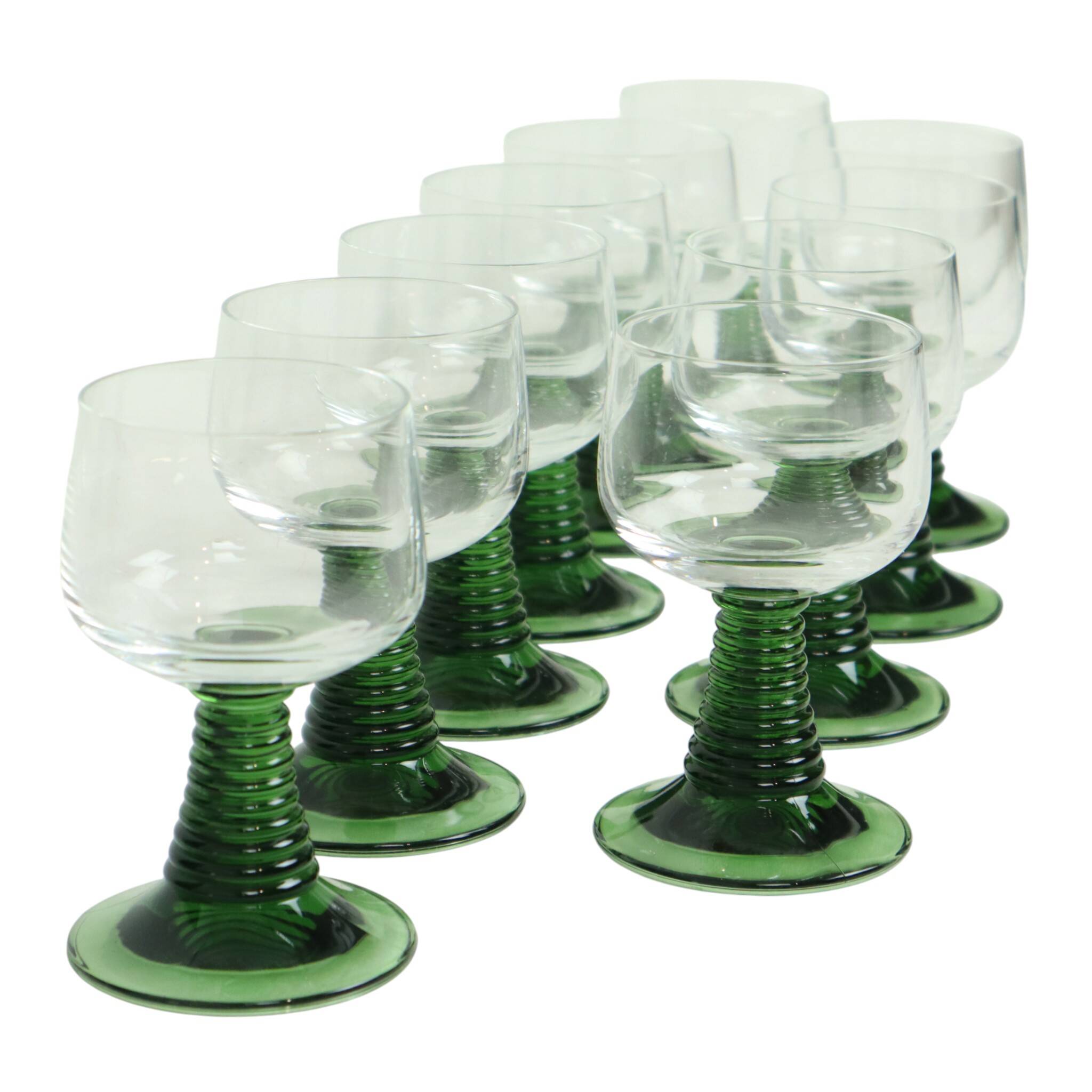 Set of 10 Vintage Roemer Wine Glasses Green Ribbed Foot