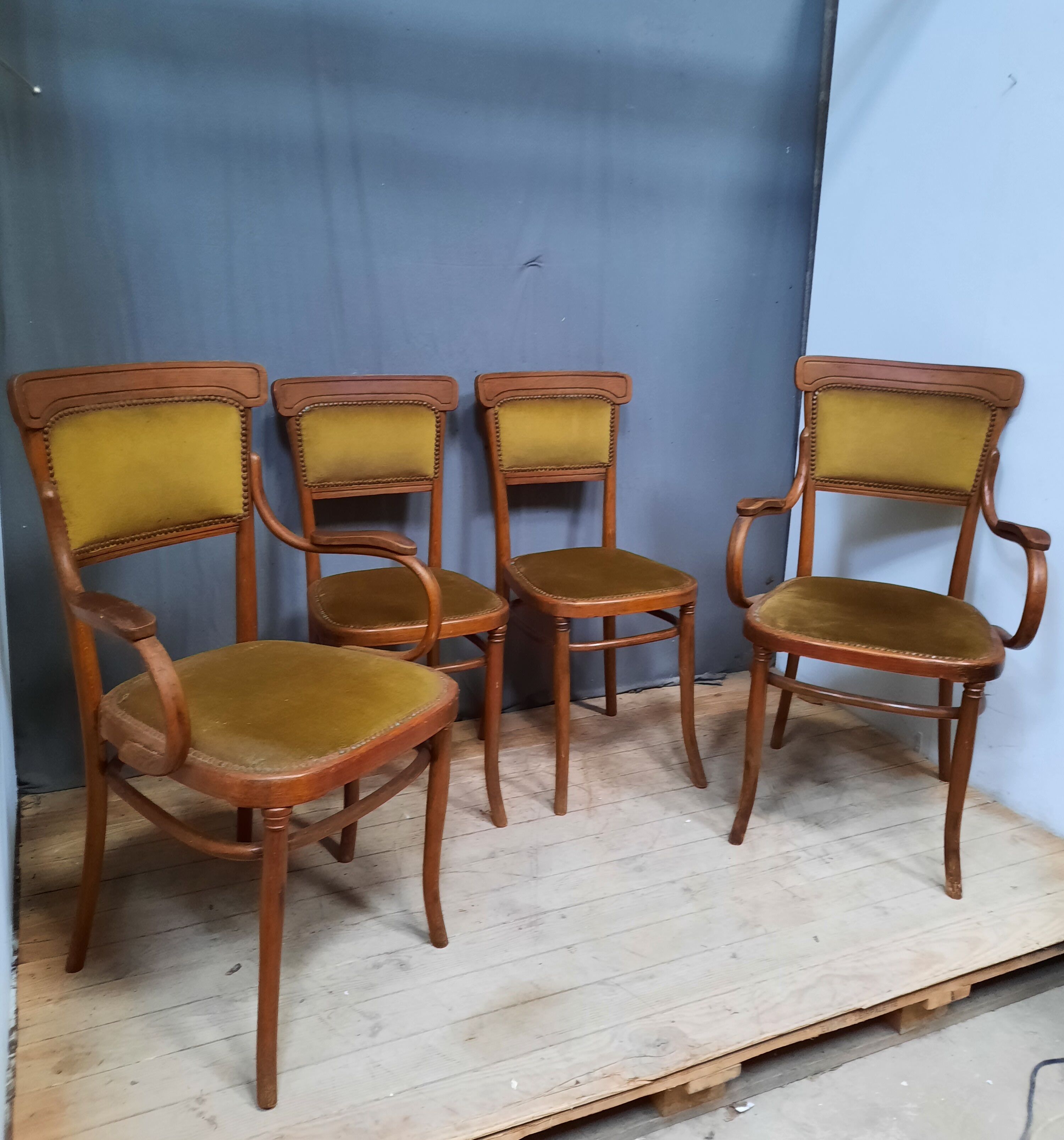 Pair of armchair and chair in curved wood
