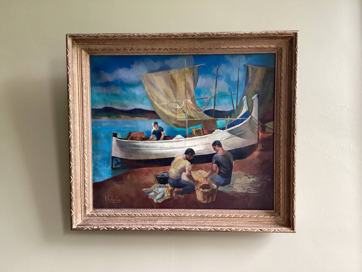Surrealist oil on canvas Robert Degenève Belgian fishing boats