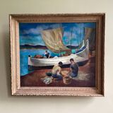 Surrealist oil on canvas Robert Degenève Belgian fishing boats