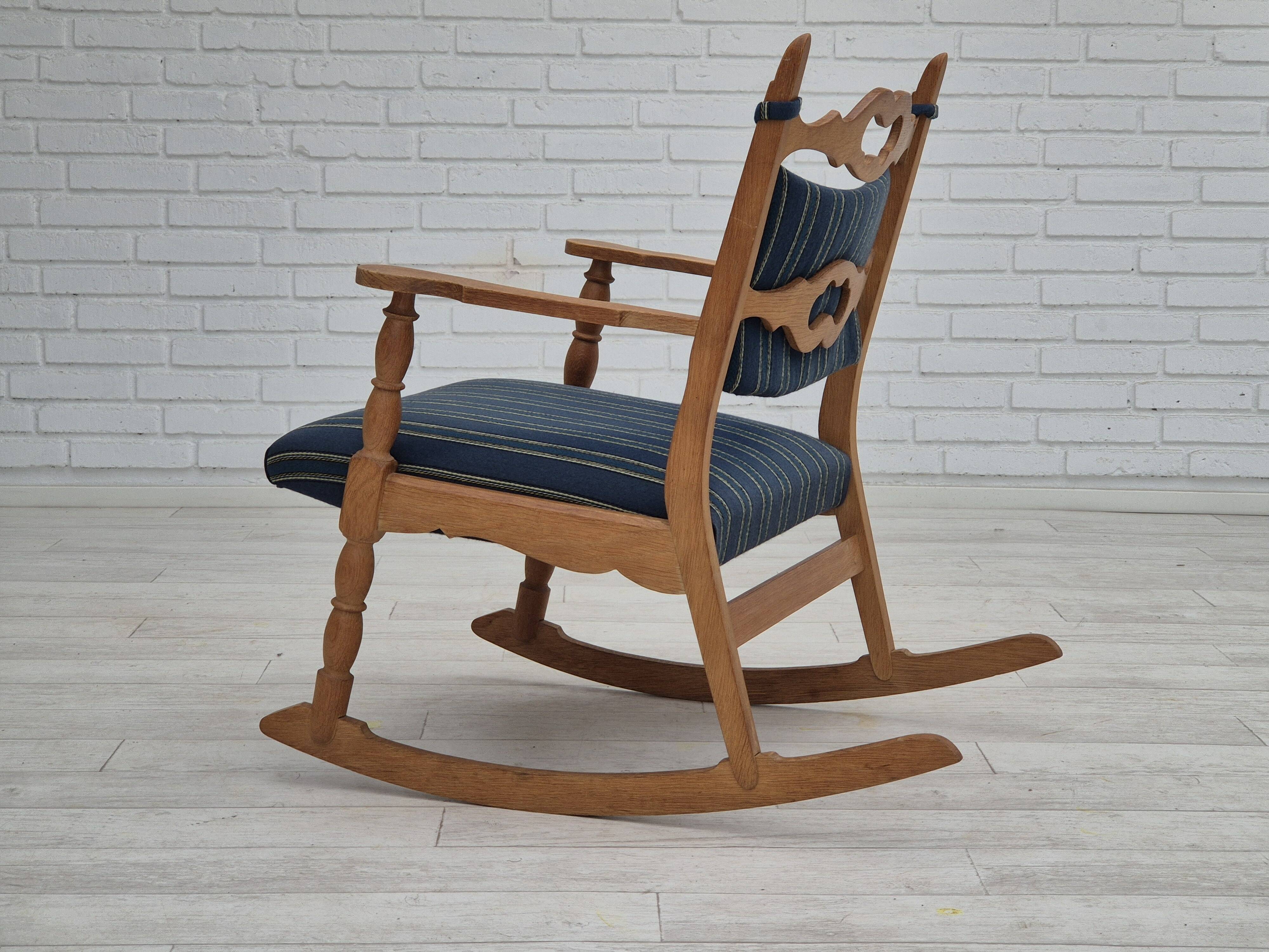 1970s, Danish design, oak wood rocking chair with footstool, furniture wool, original condition.