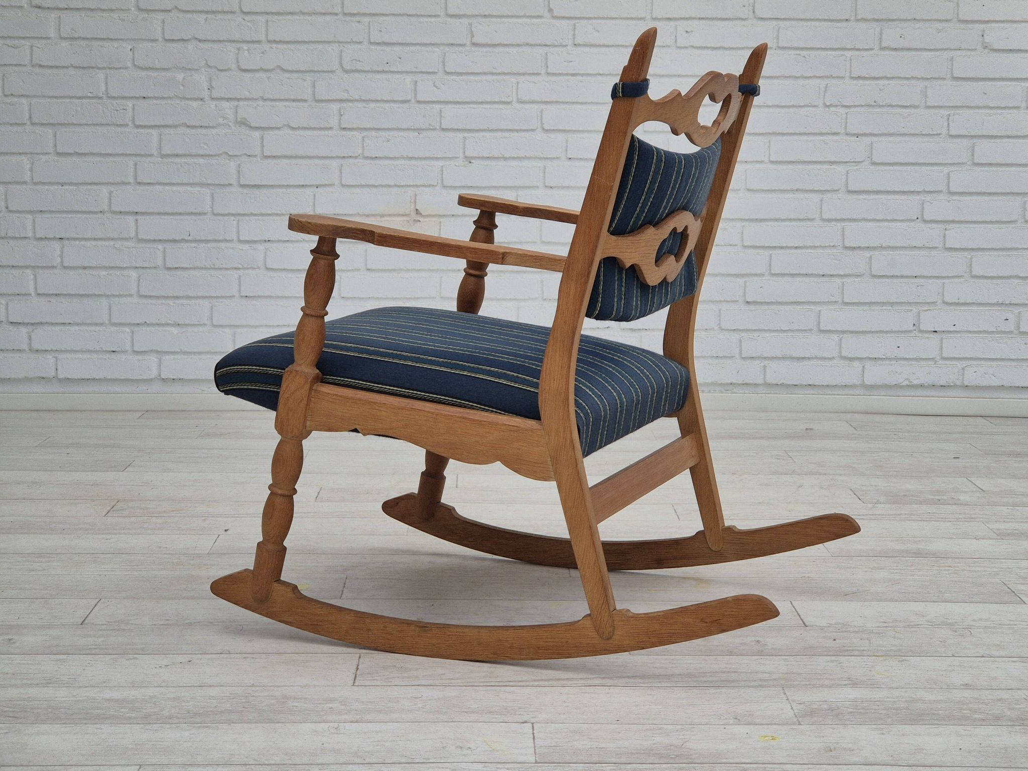1970s, Danish design, oak wood rocking chair with footstool, furniture wool, original condition.