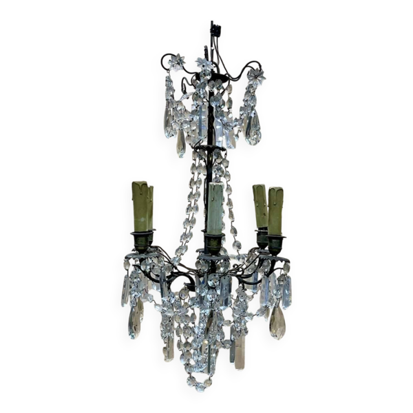 Lustre à pampilles et bronze début XXème 5 feux