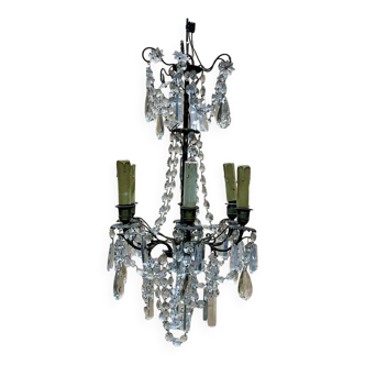 Lustre à pampilles et bronze début XXème 5 feux