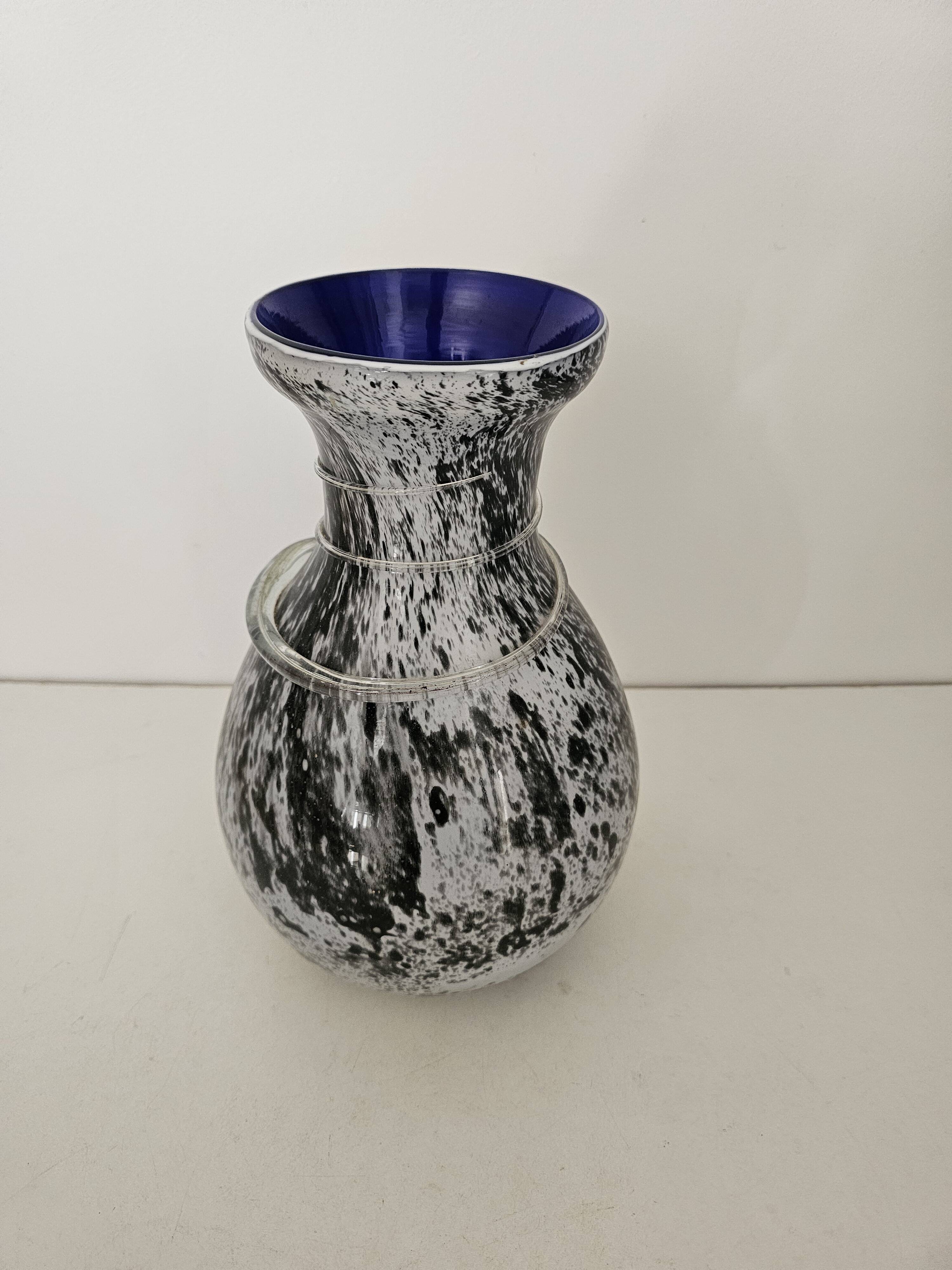 Blown glass vase with black snake decoration with white speckles