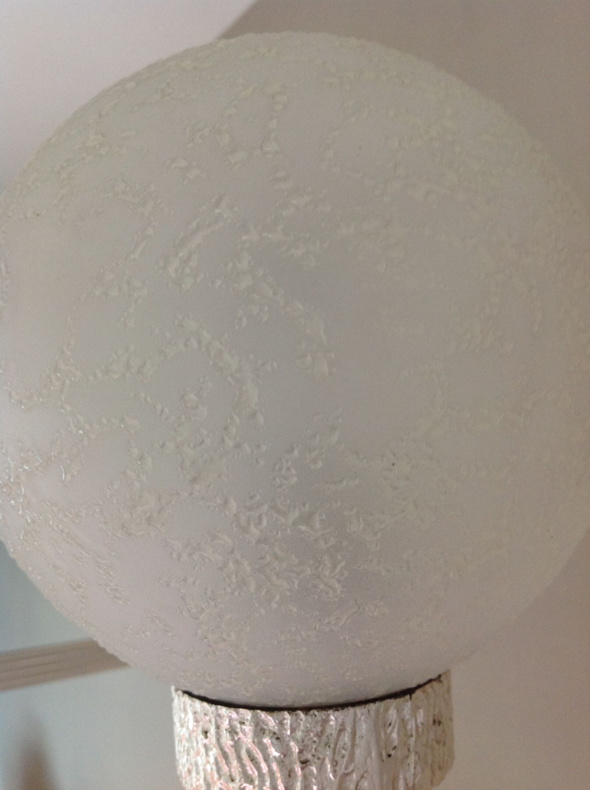 Six-light chrome metal chandelier and opaque glass globes / vintage 60s and 70s