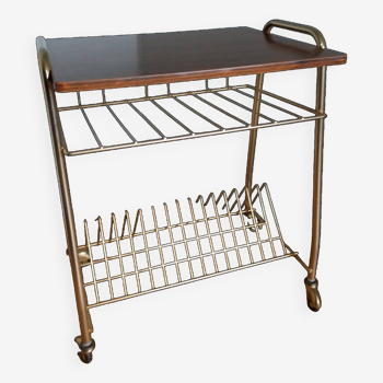 Table trolley for vinyls or magazines in gold metal and formica