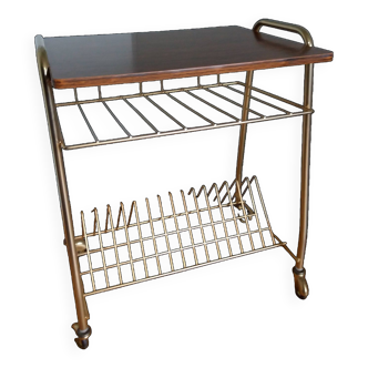 Table trolley for vinyls or magazines in gold metal and formica