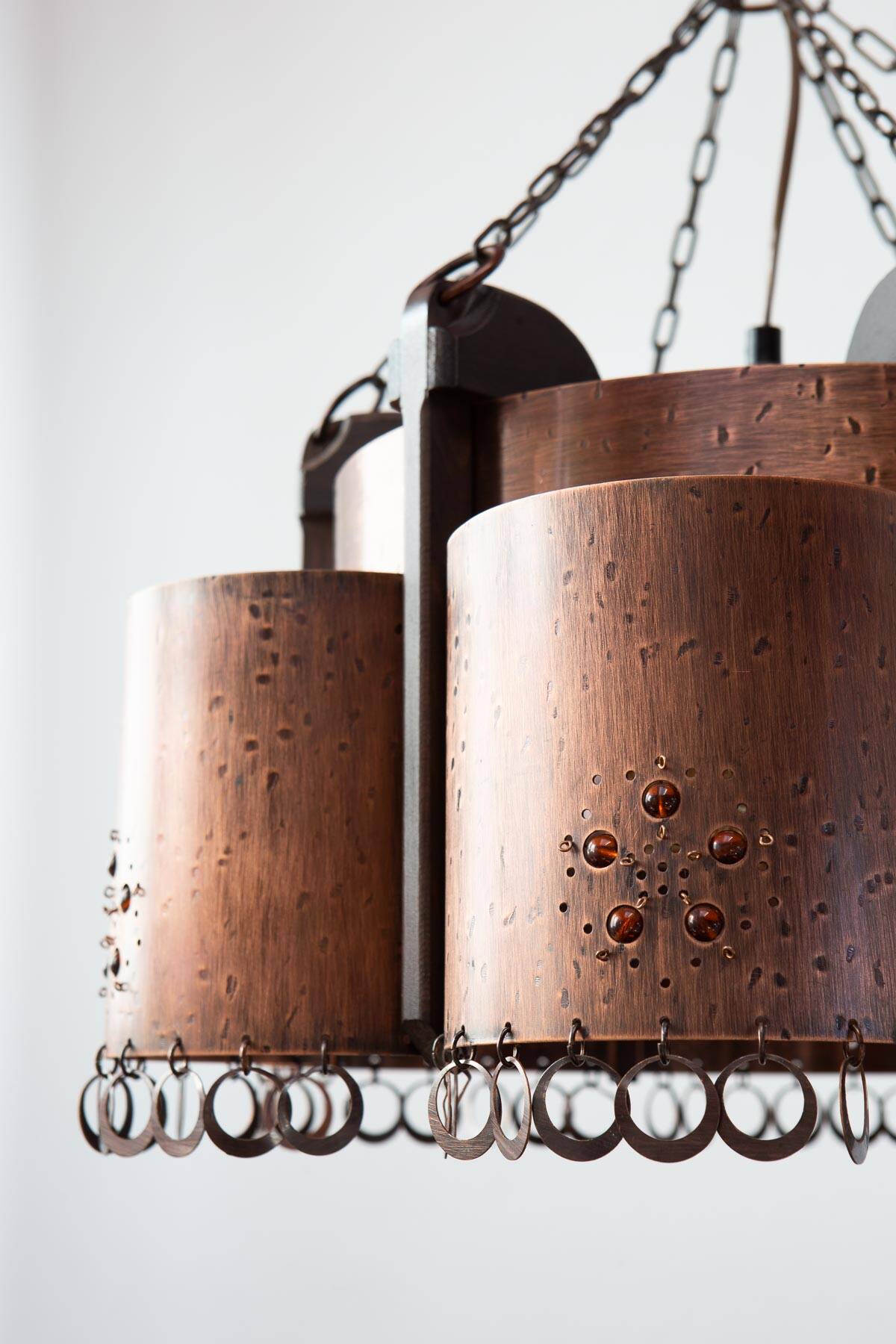 Large Scandinavian copper and wood pendant lamp circa 1970