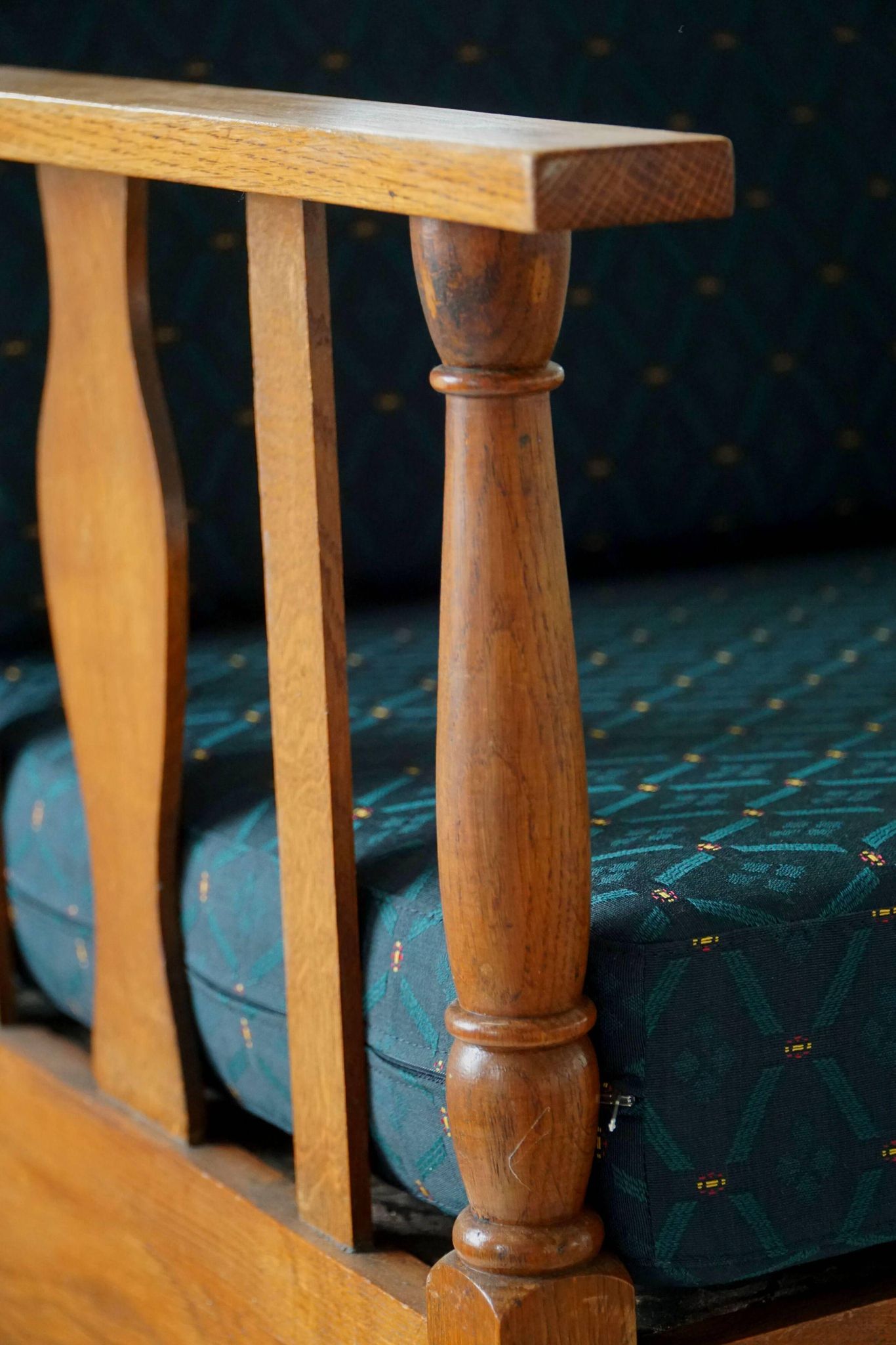 Art Nouveau, pair of oak lounge chairs, reupholstered in style fabric, 1920s.