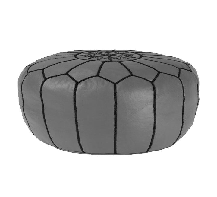 Grey leather pouf - handmade Morocco D 53cm x H 32cm