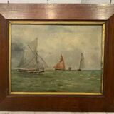 Peinture à l'huile vintage du XIXe siècle représentant un voilier en mer