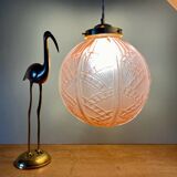 Vintage art deco globe pendant light in pink frosted glass