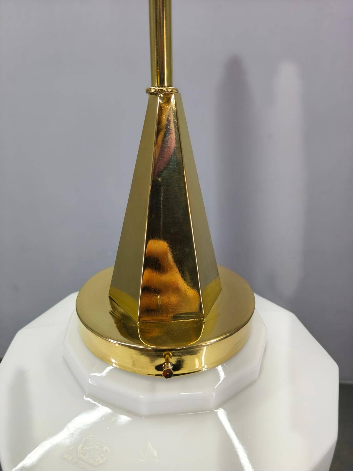 Art Deco Brass Pendant with Geometric Opaline Glass, Czechoslovakia 1930s