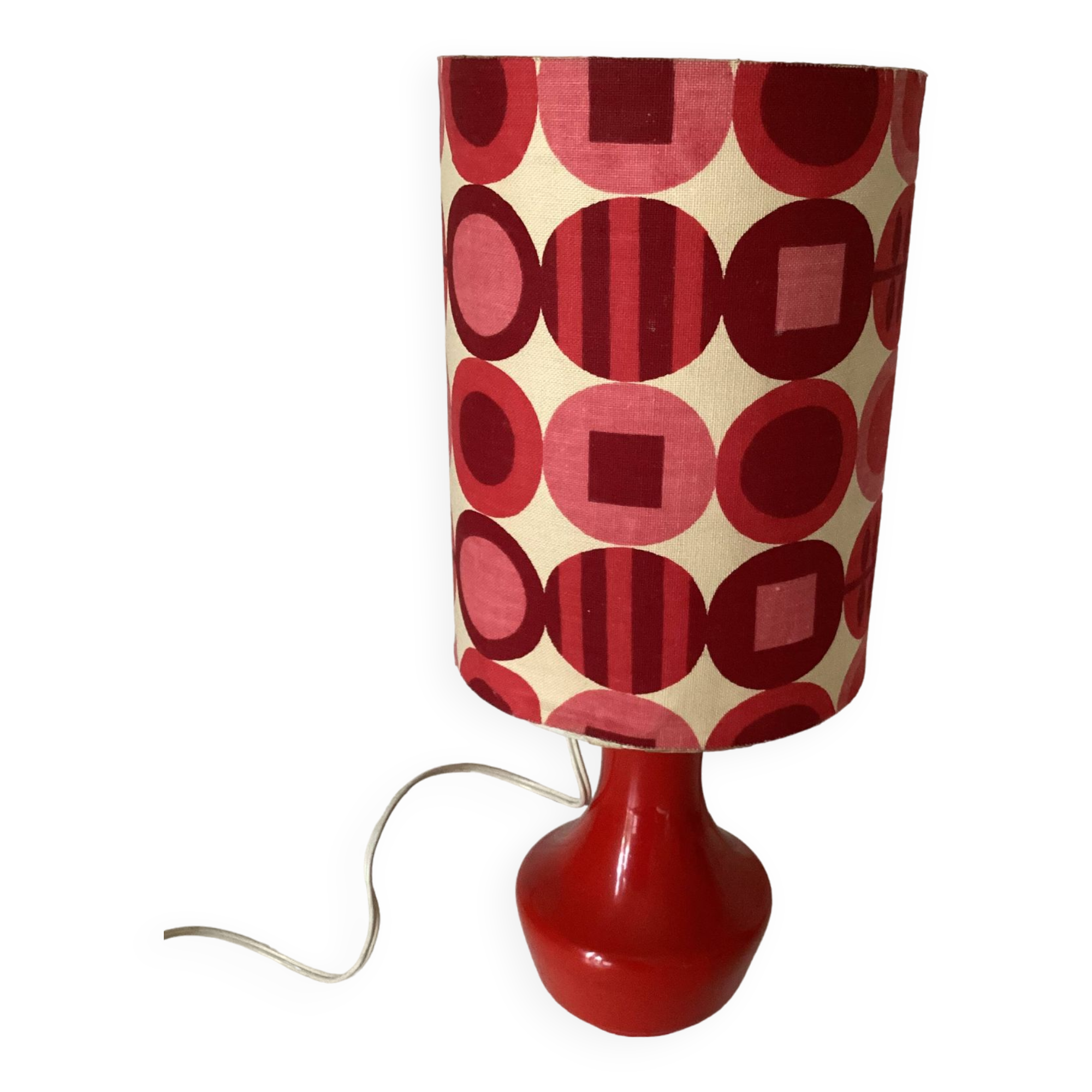 Vintage lamp with glass base and textile lampshade, 1970s