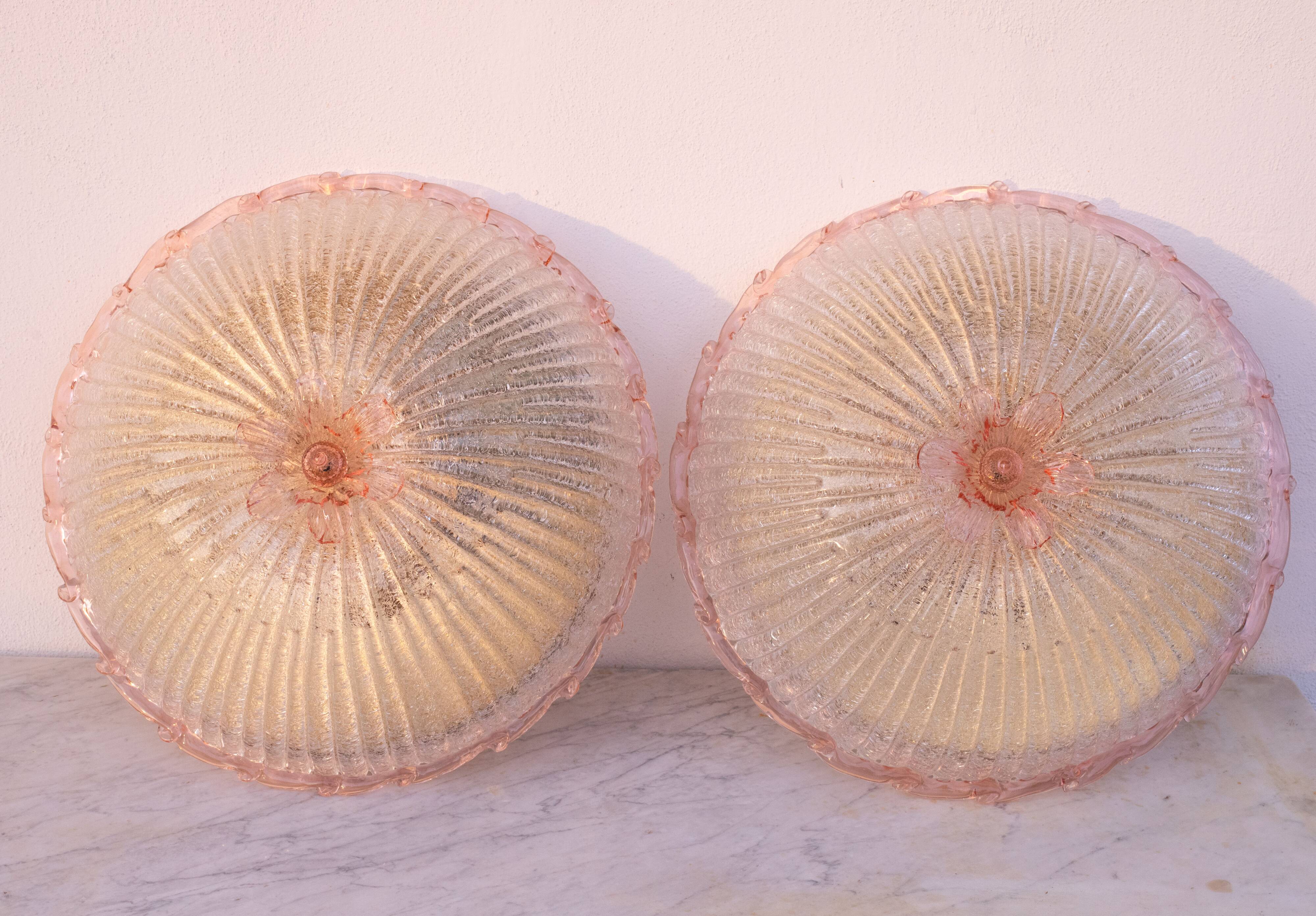 Set of 2 Large Size iItalian Pink and Murano Glass Ceiling Flower