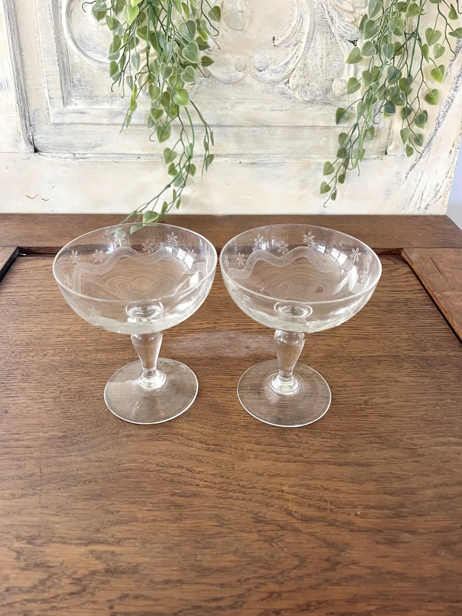 Champagne glasses coupe glasses set of 2 etched floral design crystal