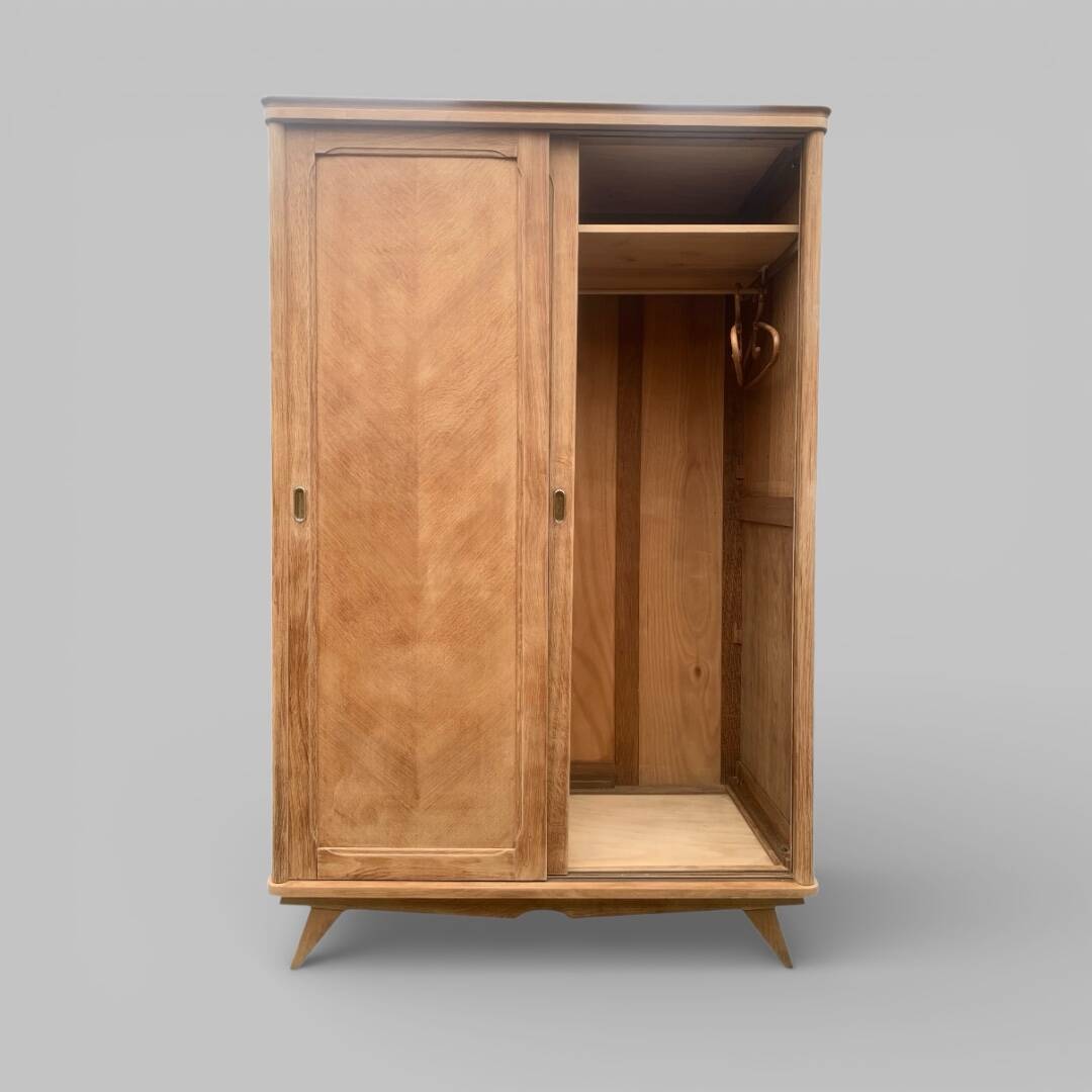 Vintage wardrobe with compass legs in raw wood, sliding doors, 1960s