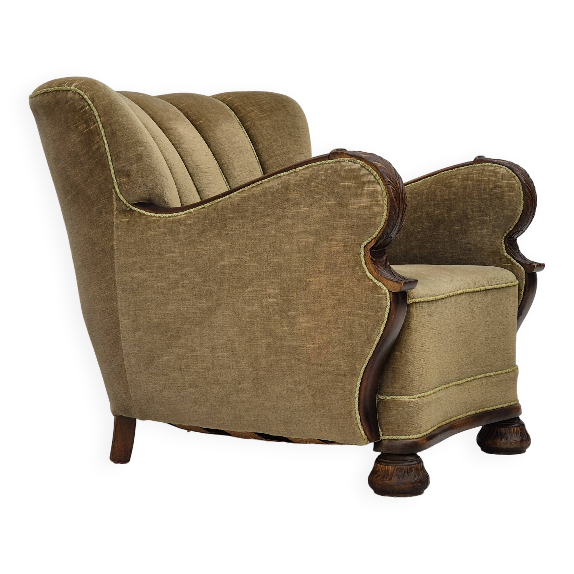 1960s, Danish vintage armchair, furniture velour, dark beech wood.