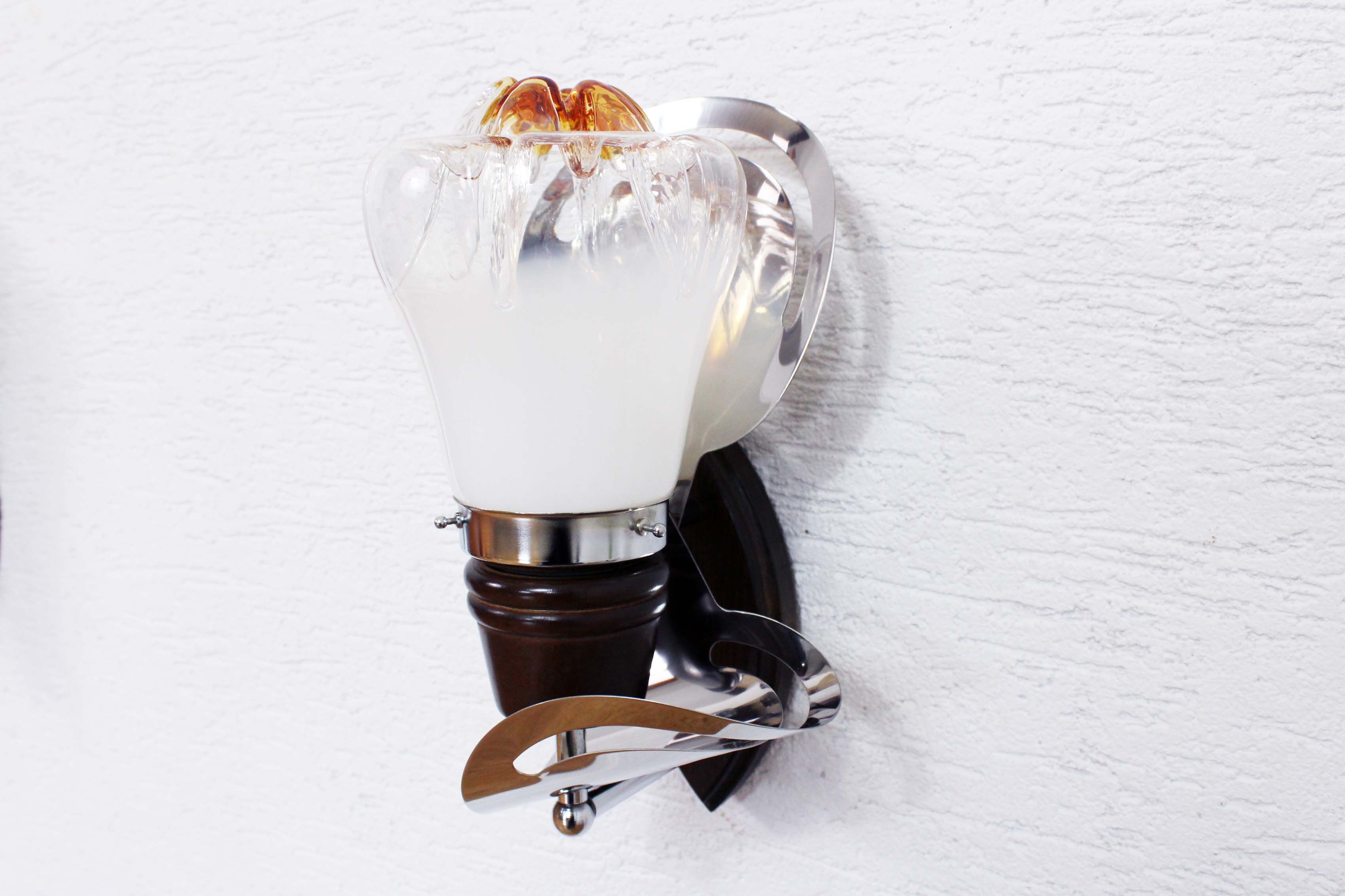 Pair of opal glass and solid wood wall lamps