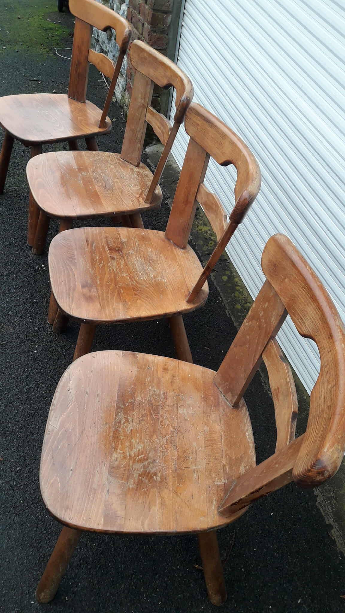 Set of 4 antique Tilburg solid wood brutalist chairs