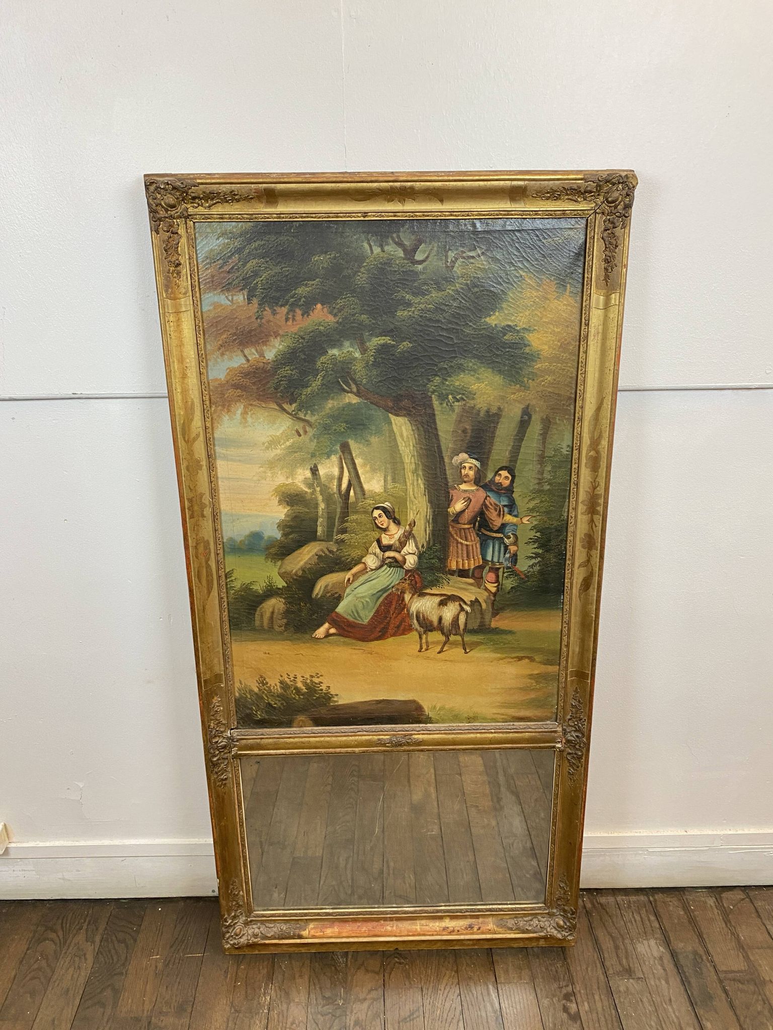 19th century gilded wooden trumeau with romantic scene - 69cm x 140cm