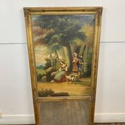 19th century gilded wooden trumeau with romantic scene - 69cm x 140cm