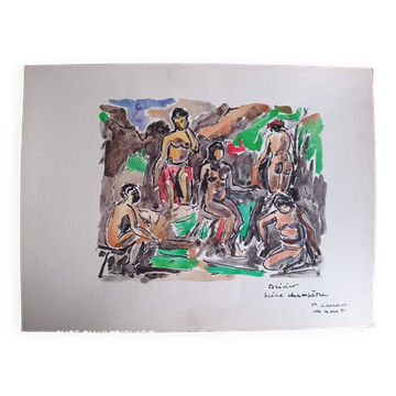 Pierre Lacroux (1909-1993) Gouache 24 x 32 cm - rural scene 1981