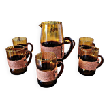Orangeade set with pitcher and 6 amber glass glasses with "woven" fabric surround