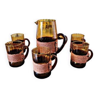 Orangeade service with pitcher and 6 amber glass glasses with "braided" fabric surround