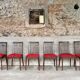 Set of 6 vintage wooden chairs – Psychedelic red fabric