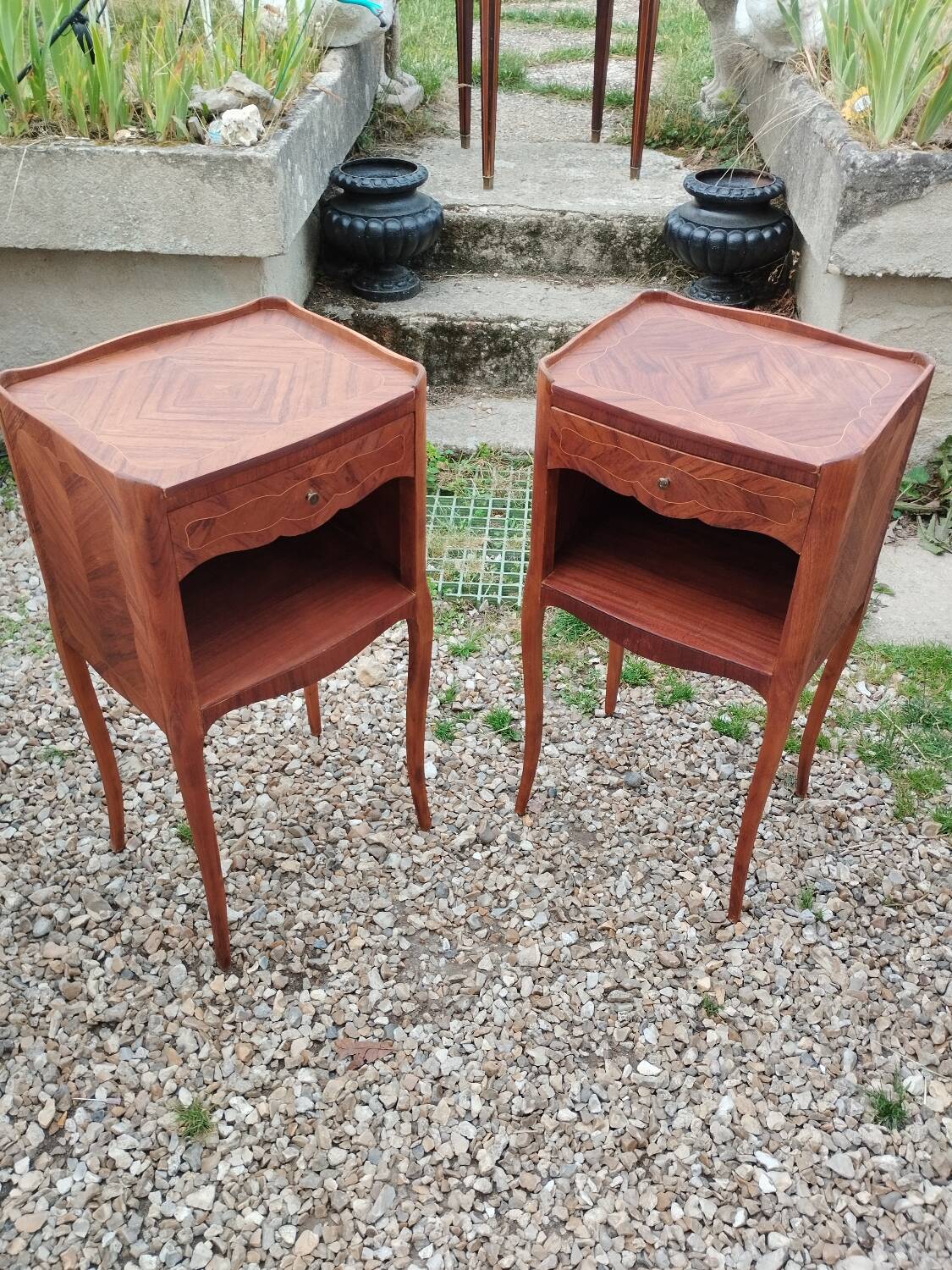 Pair of Louis XVI style marquetry bedside tables