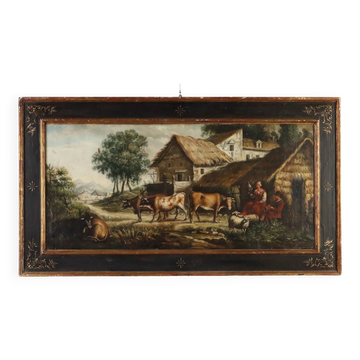 Peinture ancienne paysage bucolique, huile sur toile, Europe, XIXe siècle