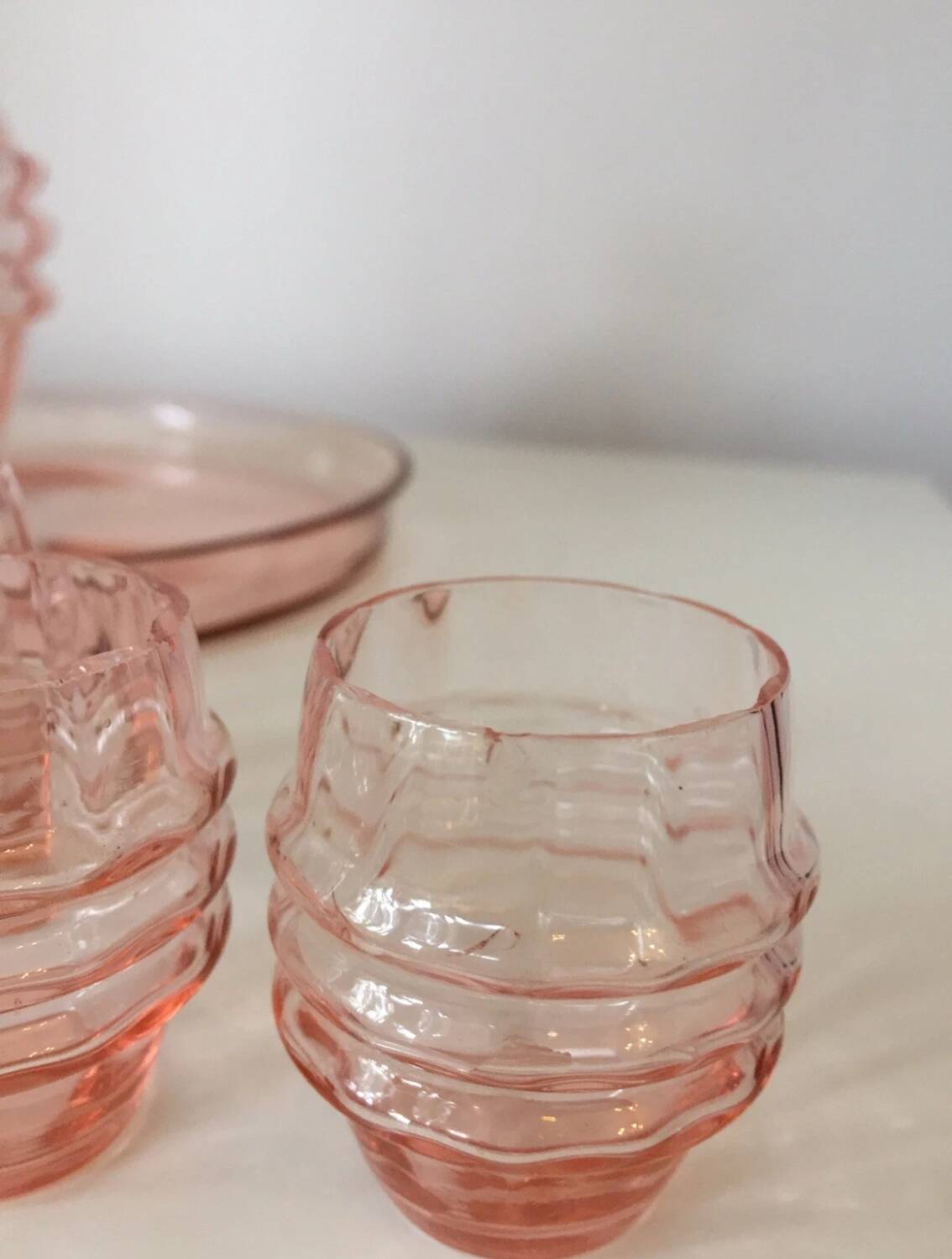 Vintage 1950s Pink Crystal Decanter Liquor Set