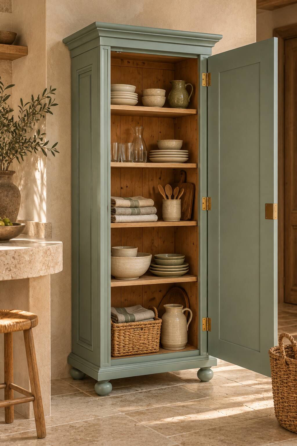 Parisian bonnetière, solid pine, Art Deco, renovated, grey-green.