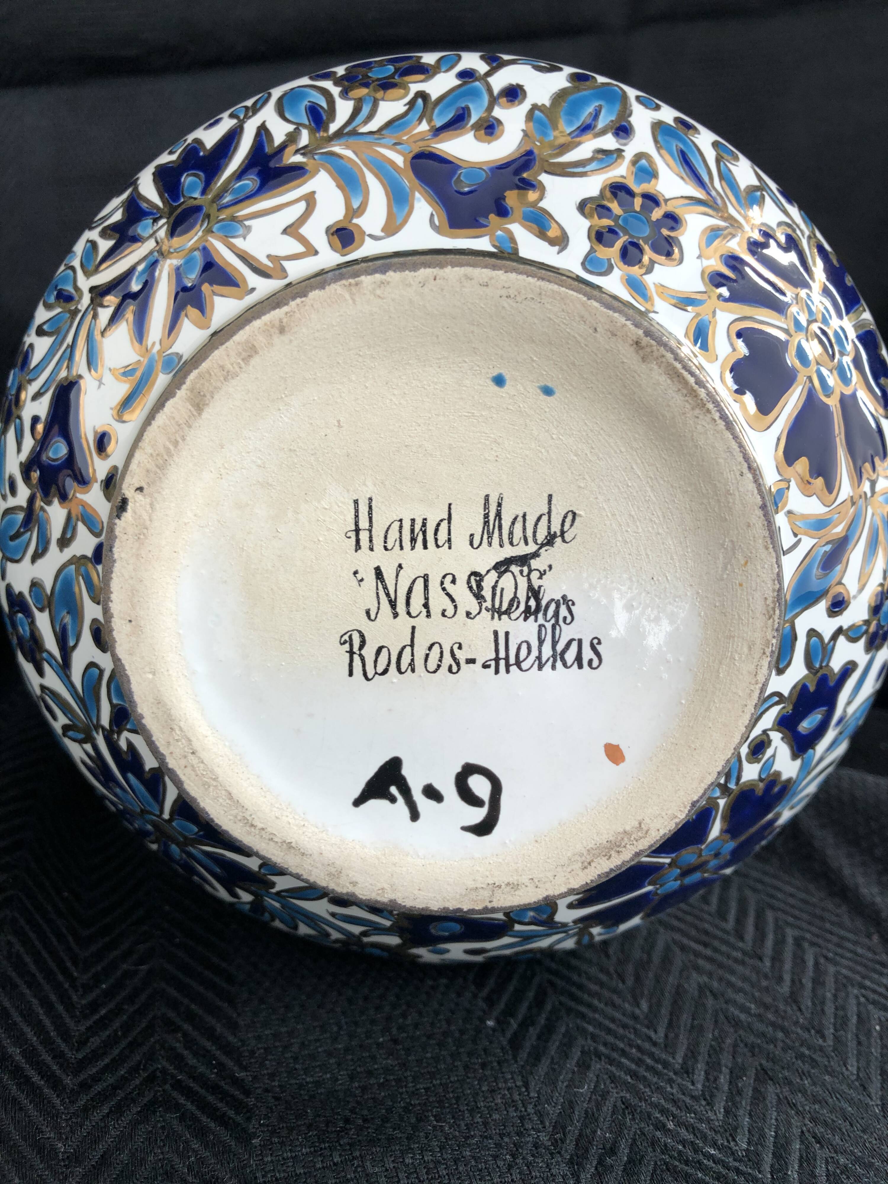 Vase grec vintage Nassos Hellas Rodos or bleu et blanc