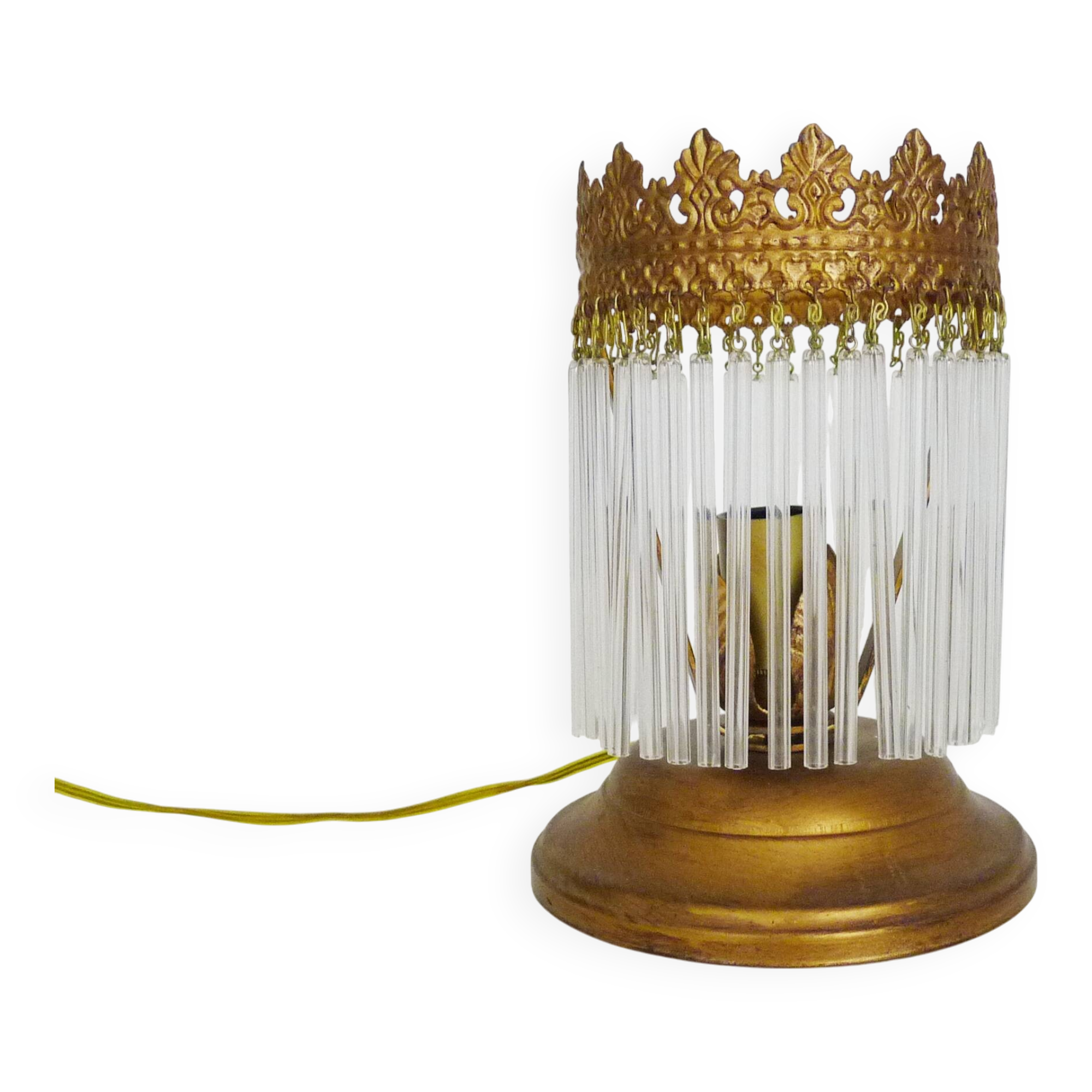 Lampe de table lampe de chevet à pendeloques transparente métal doré. Années 60