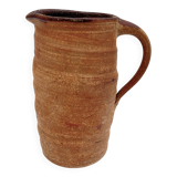 Vintage Brutalist Pitcher Pot in Ochre Brown Stoneware Handmade Signed Carafe