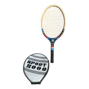 Old tennis racket sport 2000 ace mini wood + vintage sports cover