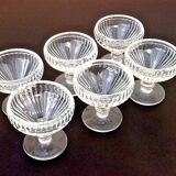 6 footed ice cream bowls, ribbed transparent glass, Made in France.