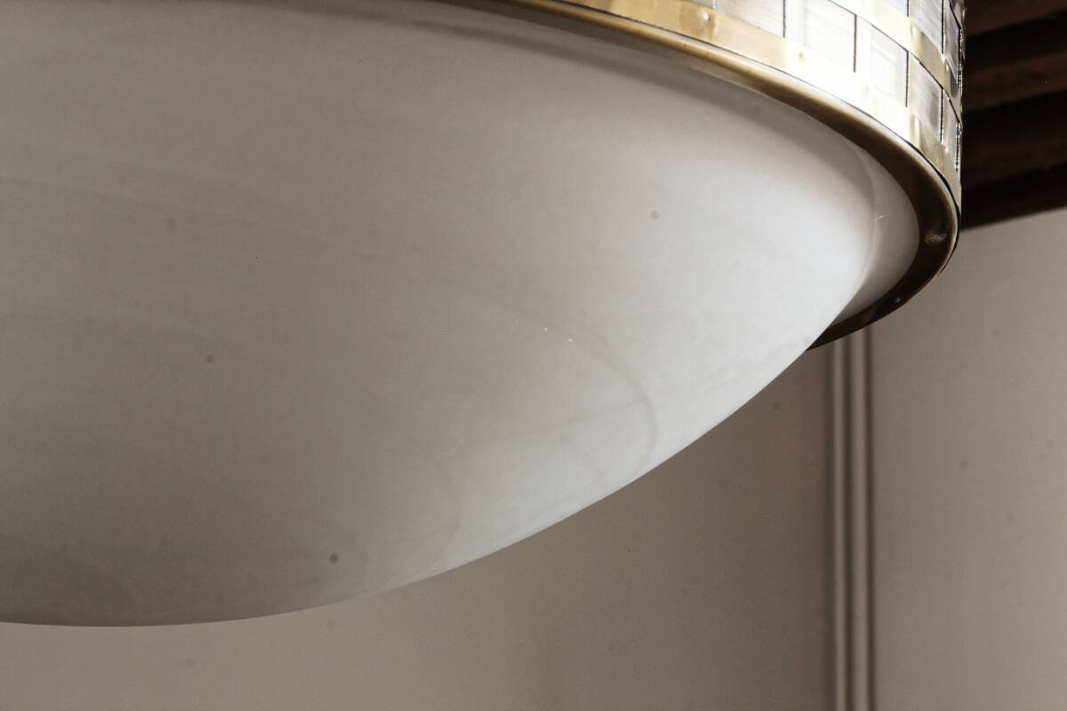 Large suspension art deco style, glass, aged brass finish.