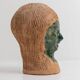 Vintage ceramic vase from the 1980s, sculptural head shape with a green glazed face, terracotta art object.