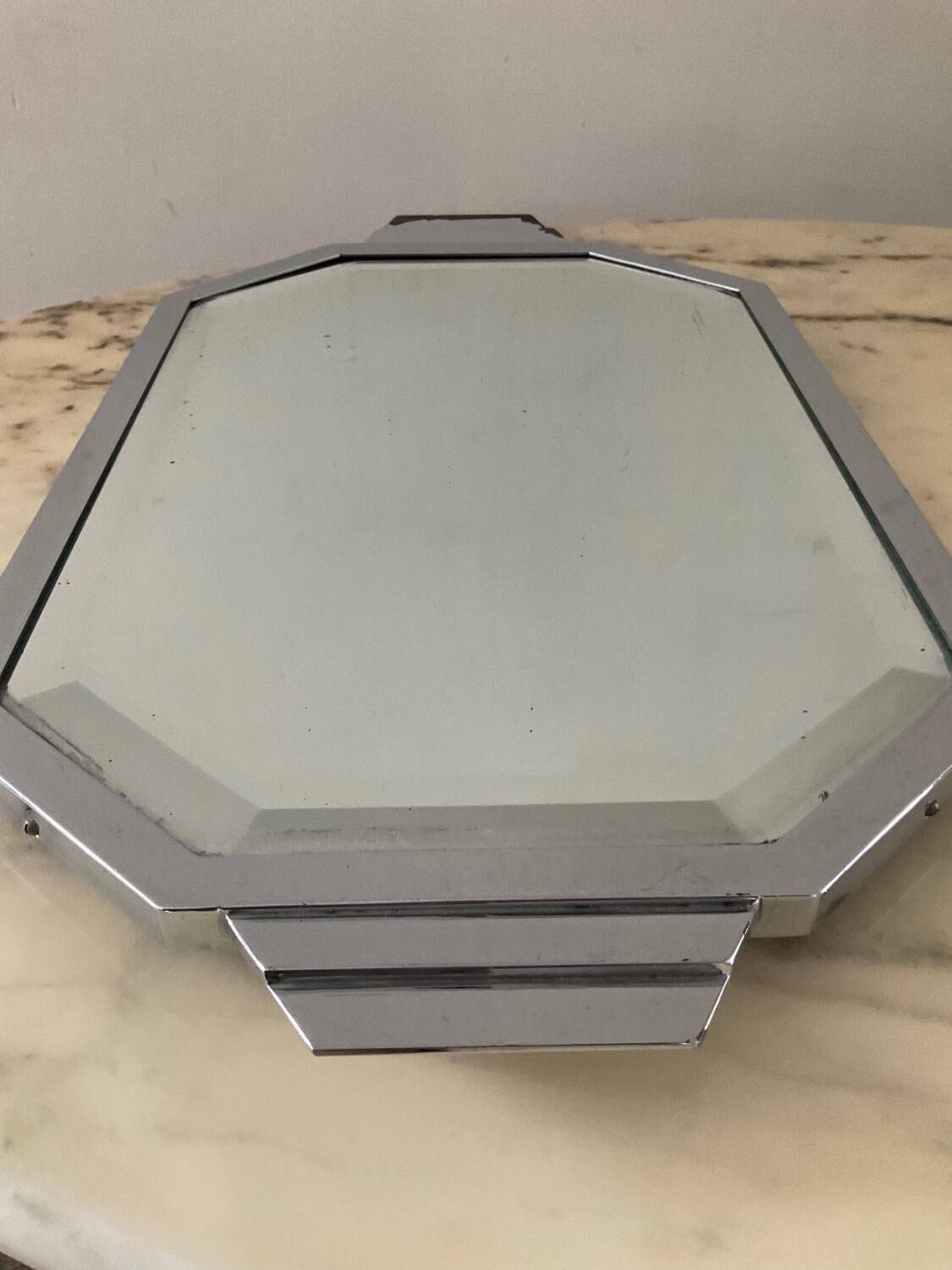 Plateau Art Déco miroir biseauté et laiton argenté