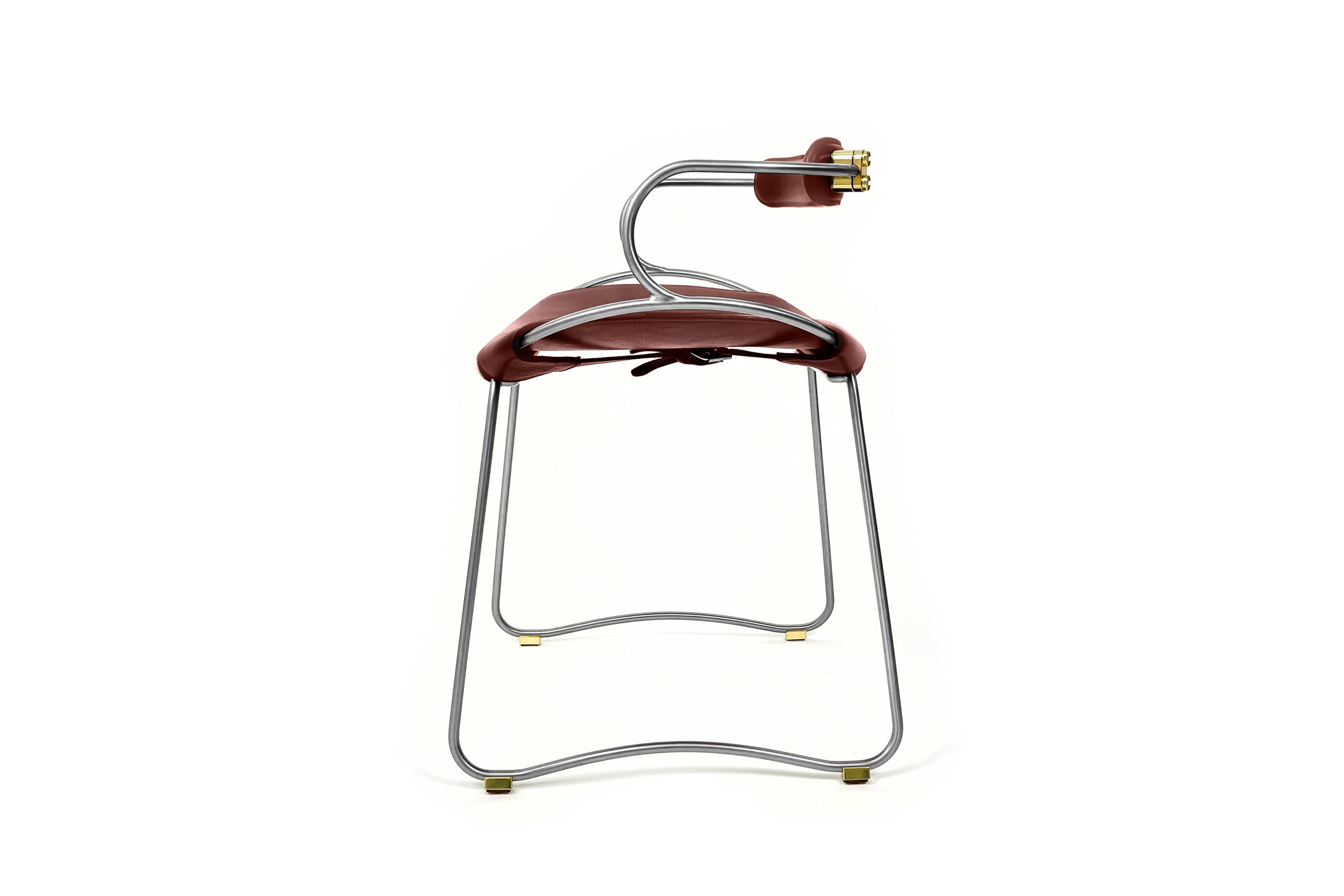 Bar stool with a back, aged silver metal and natural tobacco leather, organic design.