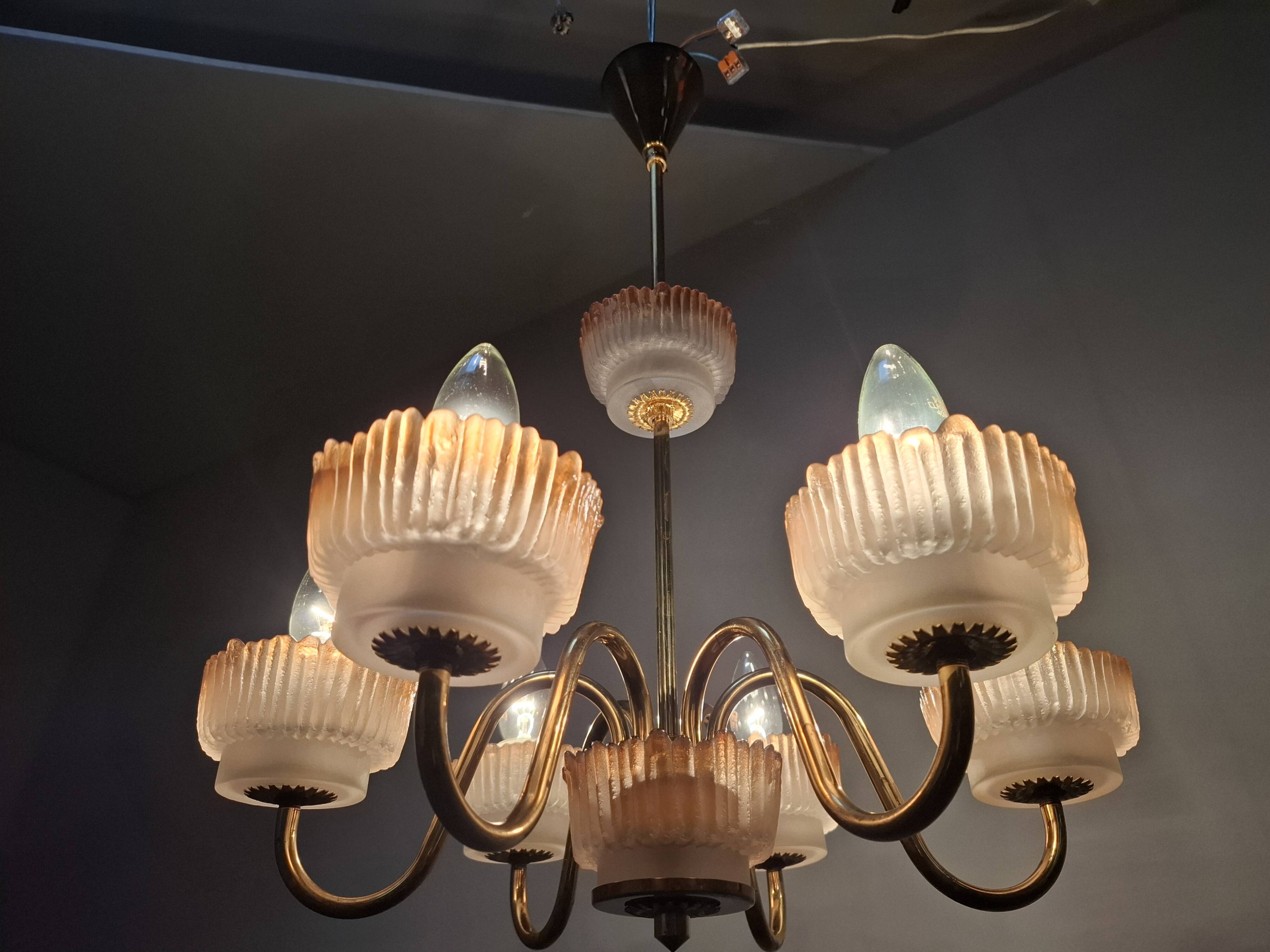 1960s Czech Mid-Century Brass and Železný Brod Frosted Glass Six-Arm Chandelier