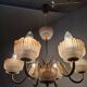 1960s Czech Mid-Century Brass and Železný Brod Frosted Glass Six-Arm Chandelier