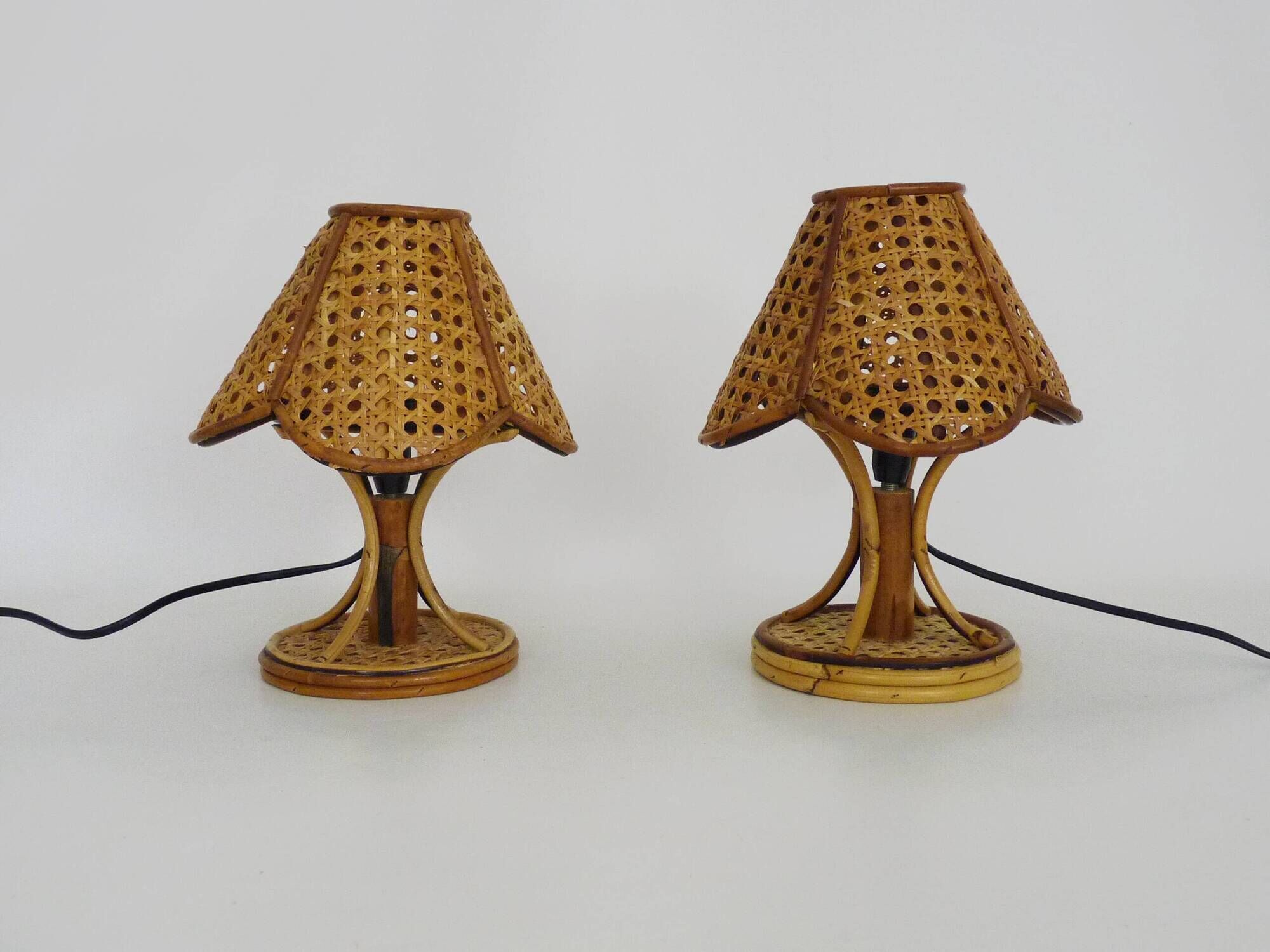 Pair of bamboo rattan caned lamps. Italy 1950s 1960s.