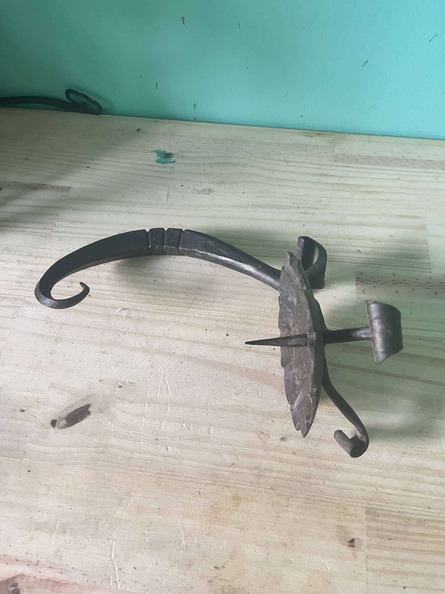 Vintage wrought iron candlestick holder — Scroll handle — Rustic decor