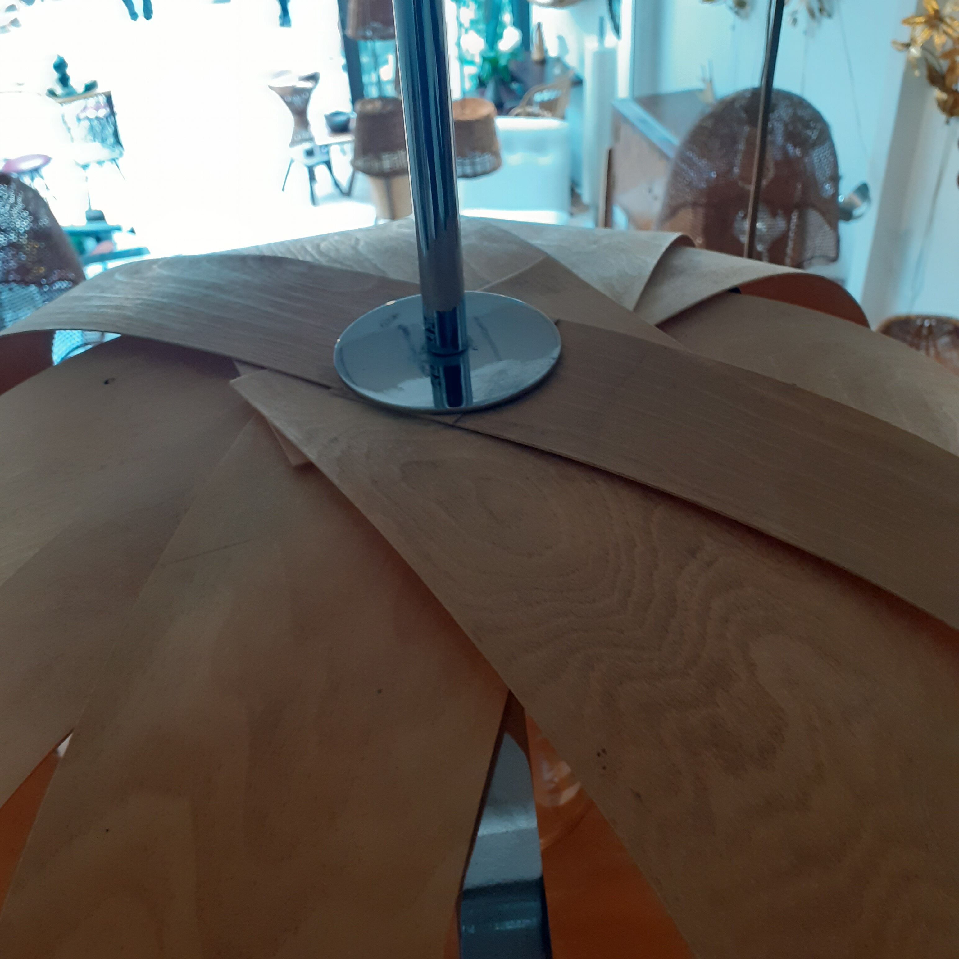 Hanging lamp in wooden strips