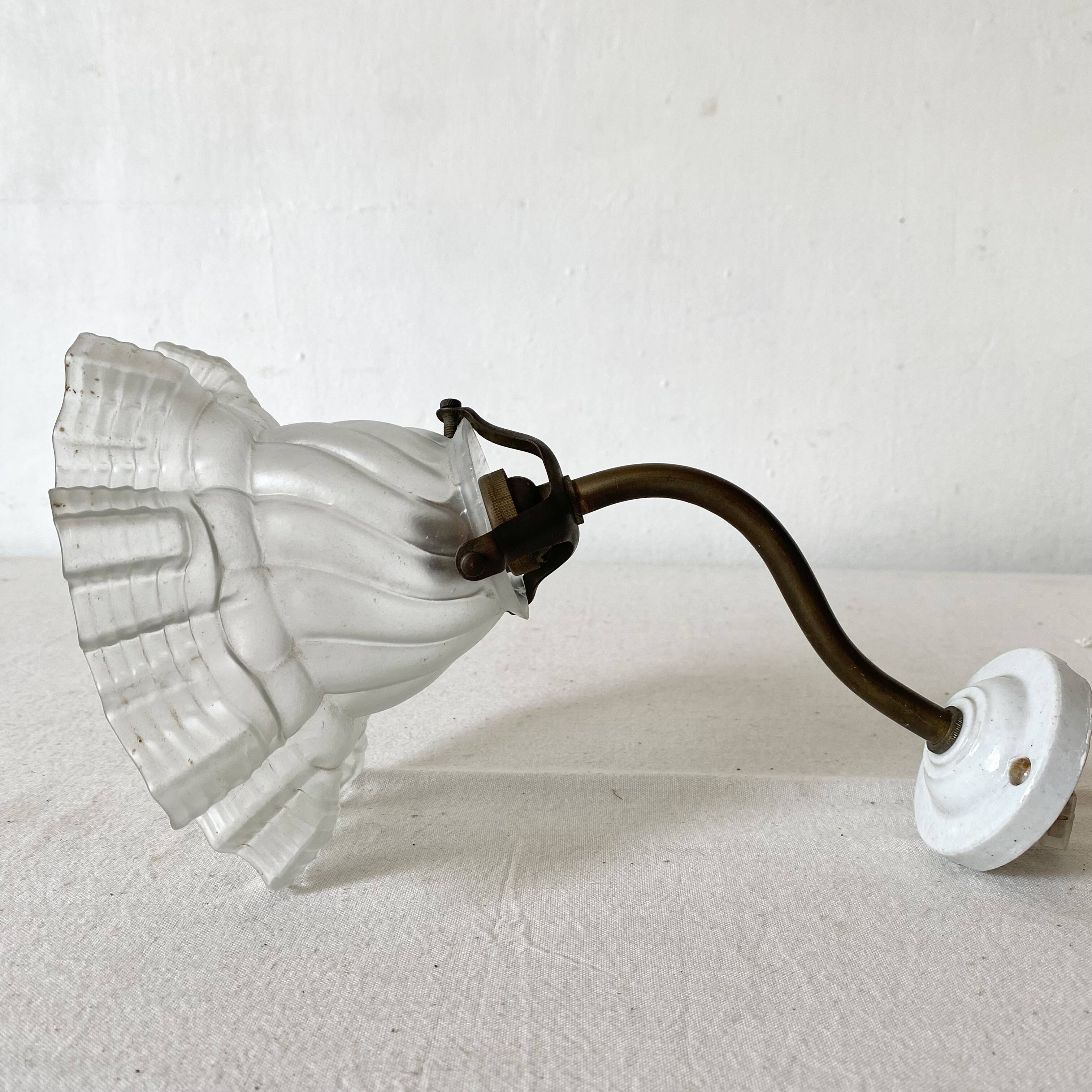 Antique swan neck wall lamp with frosted glass and porcelain
